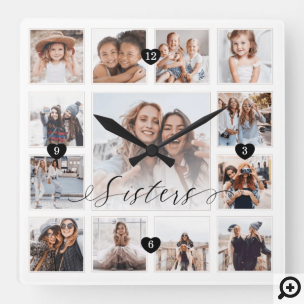 Sisters Script Family Memory Photo Grid Collage Square Wall Clock