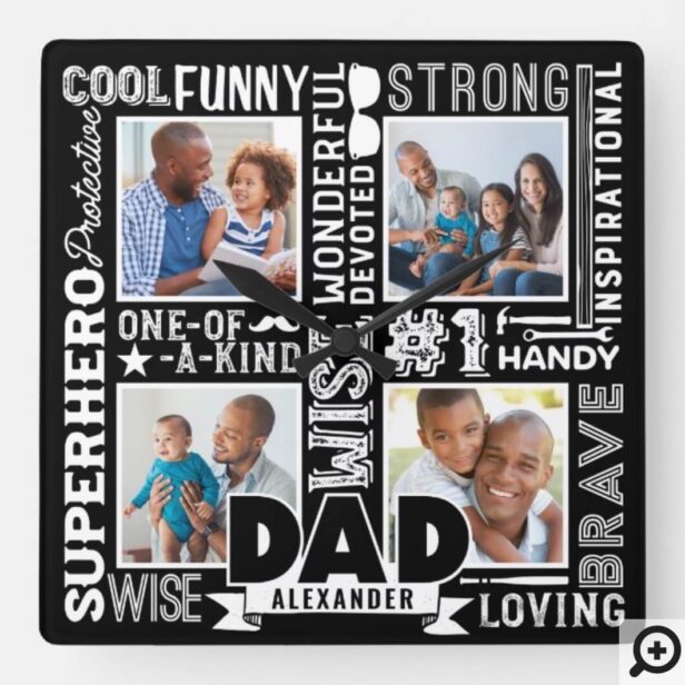 Words For #1 Dad Father's Day Photo Collage Black Square Wall Clock