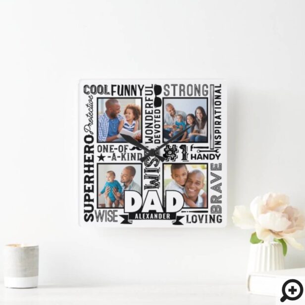 Words For #1 Dad Father's Day Photo Collage White Square Wall Clock