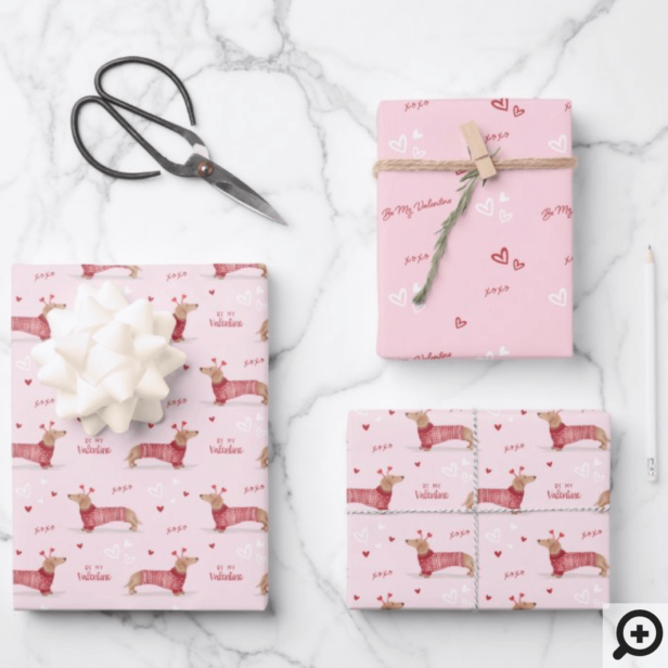 Be My Valentine, Watercolor Dachshund Dog Pink Wrapping Paper Sheets