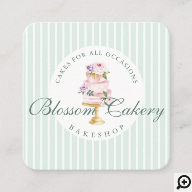 Elegant & Chic Mint Watercolor Floral Cake Bakery Square Business Card