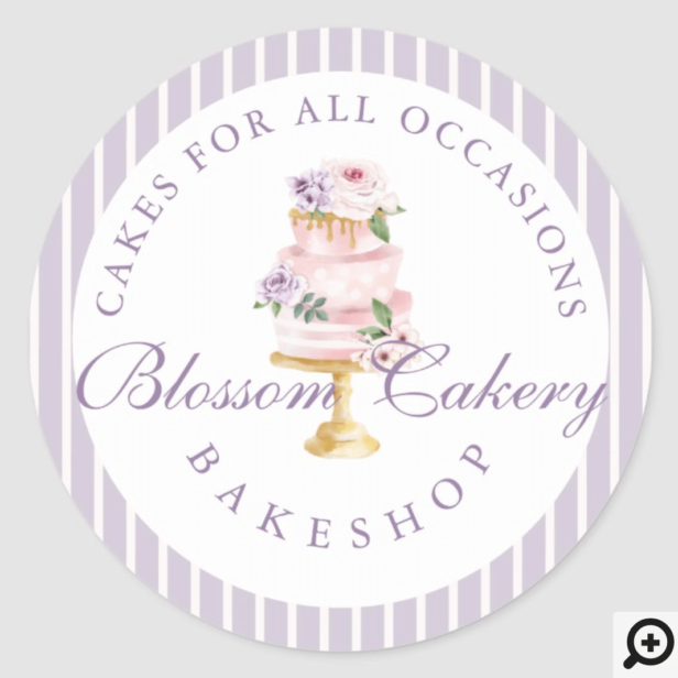 Elegant Chic Violet Watercolor Floral Cake Bakery Classic Round Sticker