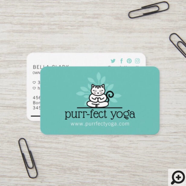 Holistic Yoga Cat Meditating Yoga Pose Teal Business Card