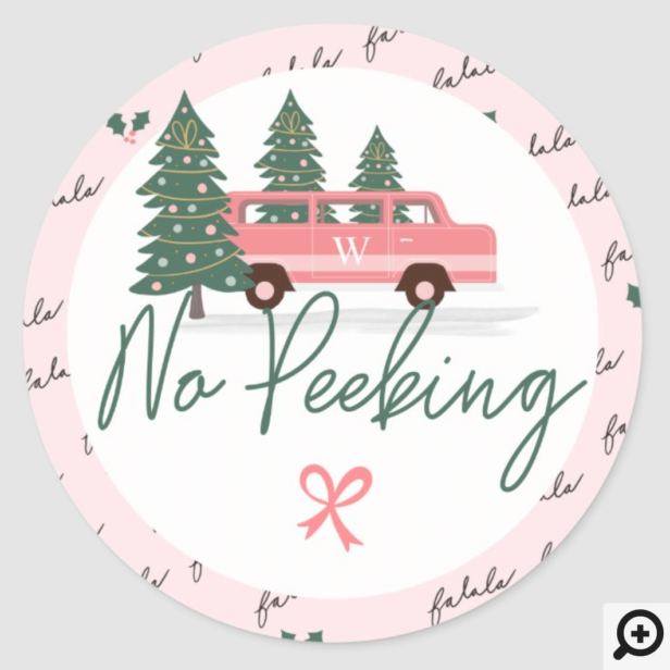 No Peeking Vintage Pink Christmas Van Classic Round Sticker
