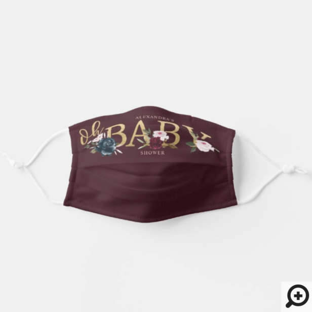 Oh Baby Shower Watercolor Burgundy Navy Florals Adult Cloth Face Mask