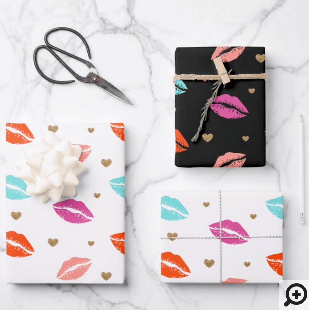 Pink, Orange & Blue Lips & Gold Hearts Valentine Wrapping Paper
