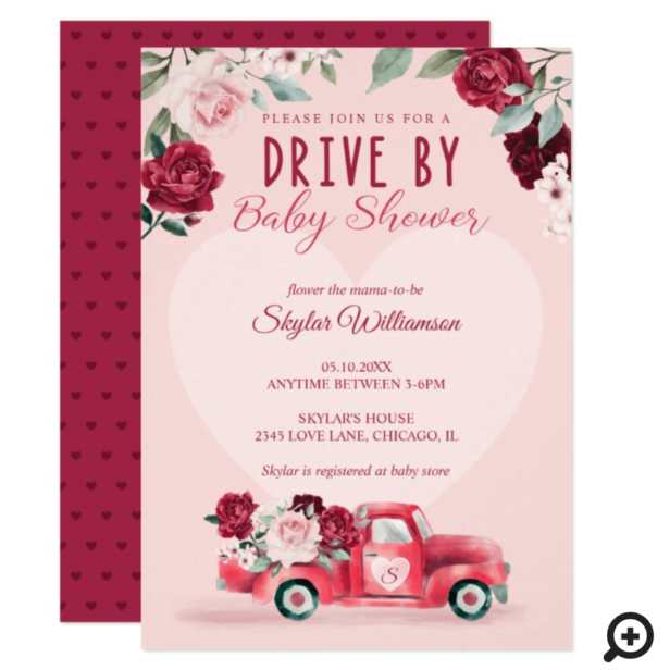 Red Vintage Truck & Flowers Brive By Baby Shower Invitation