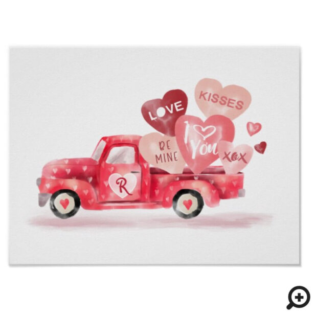 Valentine's Delivery Red Watercolor Truck & Hearts Poster