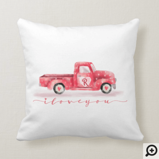 Valentine's Red Watercolor Vintage Truck Monogram Throw Pillow