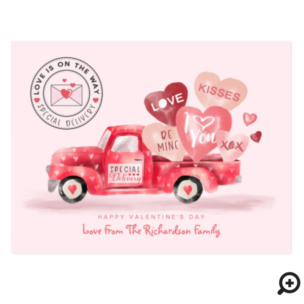 Valentine's Special Delivery Red Watercolor Truck Postcard