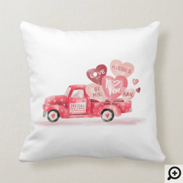 Valentine's Special Delivery Red Watercolor Truck Throw Pillow