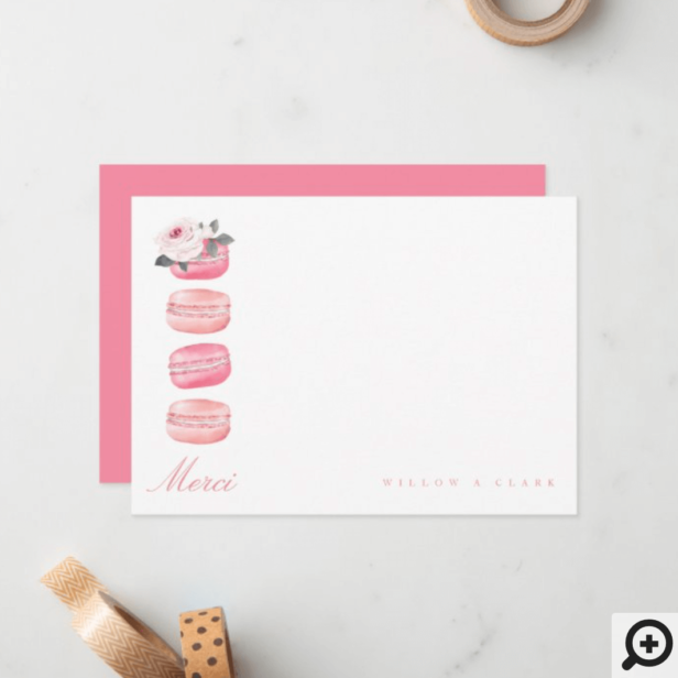 Watercolor Floral Pink Macaron Merci/Thank You Note Card