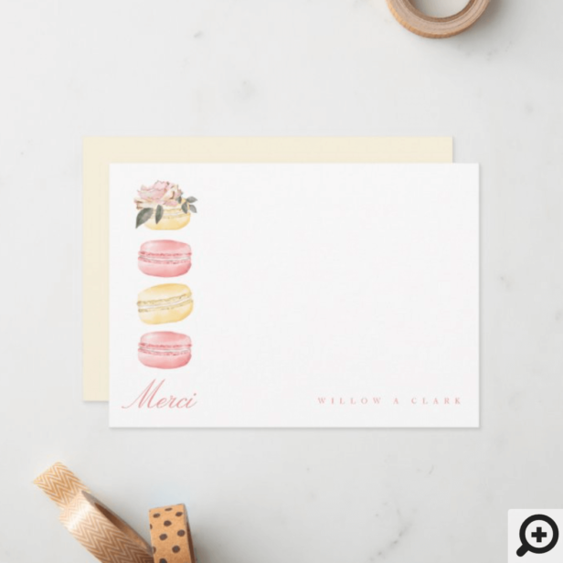 Watercolor Floral Yellow Macaron Merci/Thank You Note Card