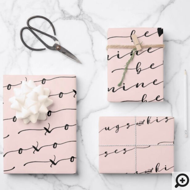 XO XO Be Mine Pink & Black Calligraphy Valentine Wrapping Paper Sheets