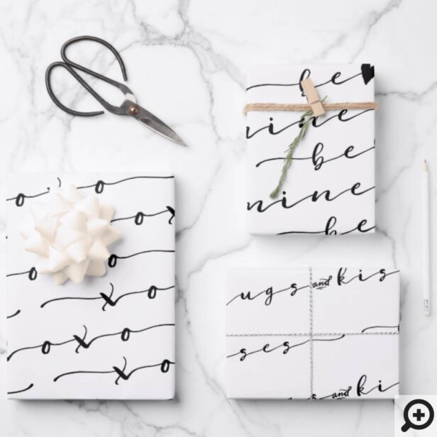 XO XO Be Mine White & Black Calligraphy Valentine Wrapping Paper Sheets