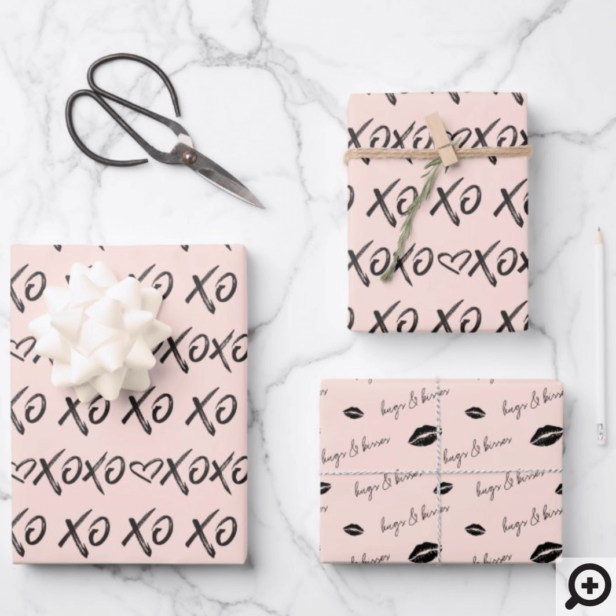 XOXO Hugs & Kisses Brush Script Black & Pink Wrapping Paper Sheets