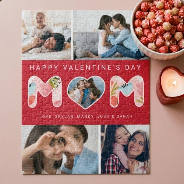 Happy Valentine's Day Mom, Photo Collage & Florals Jigsaw Puzzle