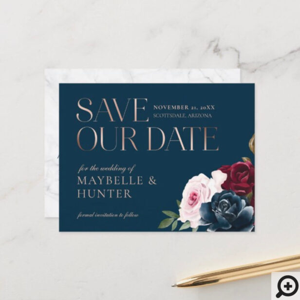 Burgundy Watercolor Rose Gold Save Our Date Navy Announcement Postcard Navy