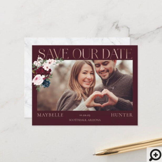 Burgundy Watercolor Rose Gold Save Our Date Photo Announcement Postcard Burgundy