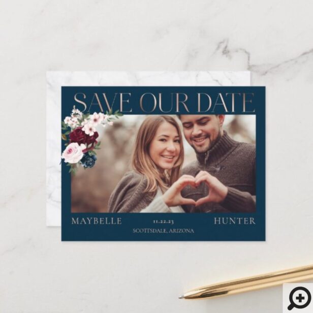 Burgundy Watercolor Rose Gold Save Our Date Photo Announcement Postcard Navy Blue