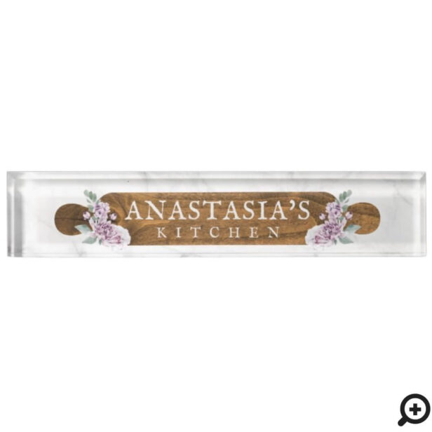 Chic Wood Rolling Pin Violet Floral & Marble Home Kitchen Desk Name Plate