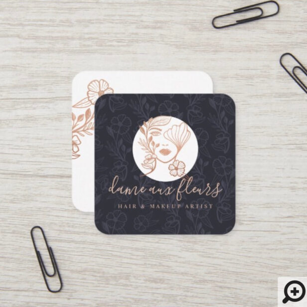 Elegant Floral Blooming Beauty Woman Logo Black Square Business Card