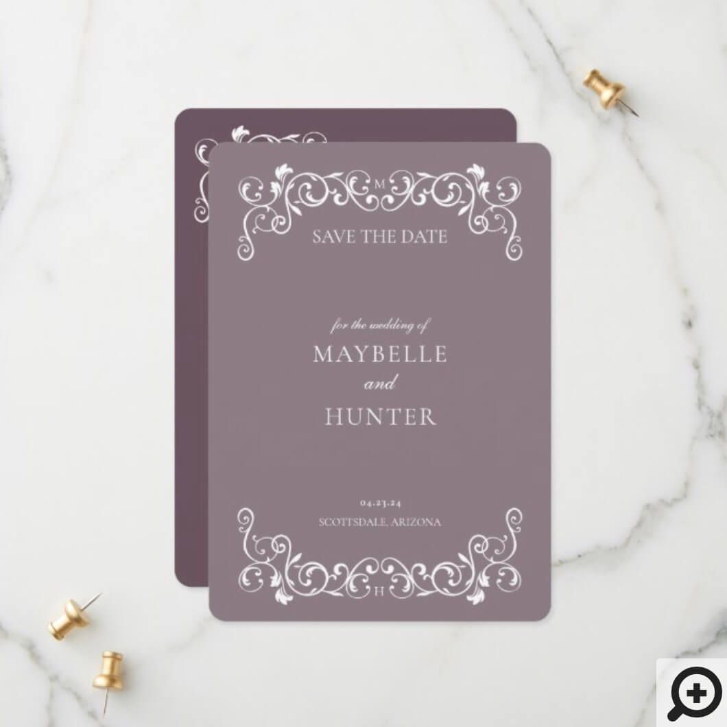 Elegant Vintage Antique Flourish Scroll Purple Save The Date