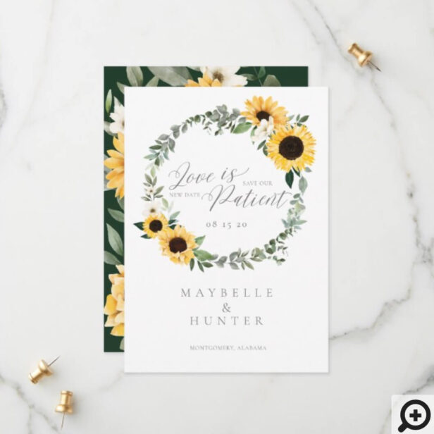 Love is Patient Yellow Watercolor Sunflower Wreath Save The Date