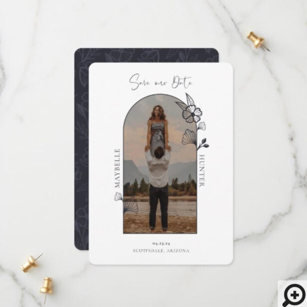 Modern Boho Floral Rose Photo Arch Black & White Save The Date