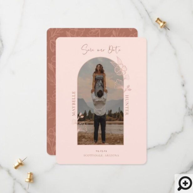 Modern Boho Floral Rose Photo Arch Pink & Brown Save The Date