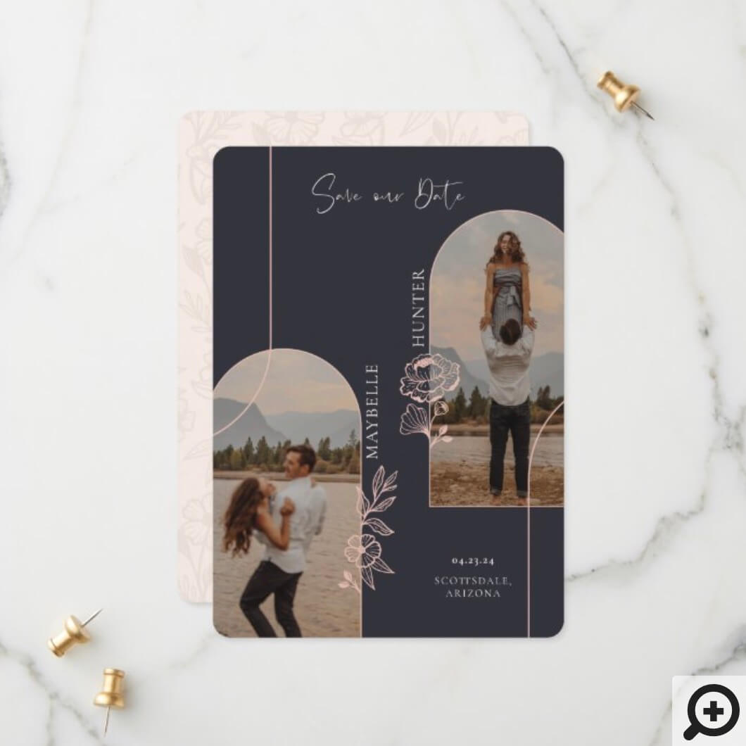 Modern Boho Floral Rose Photo Arch Black Save The Date