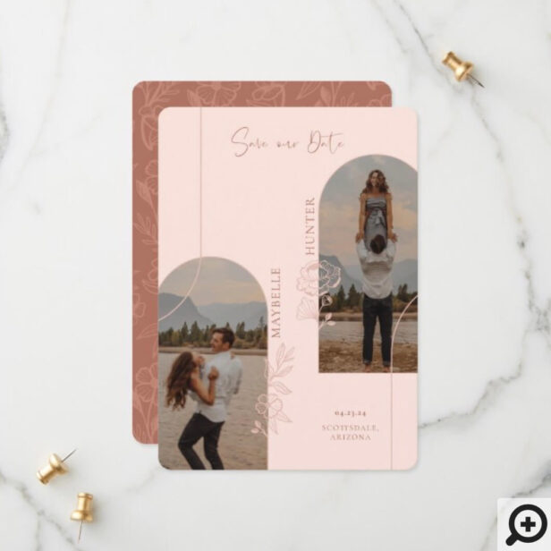 Modern Boho Floral Rose Photo Arch Pink & Brown Save The Date