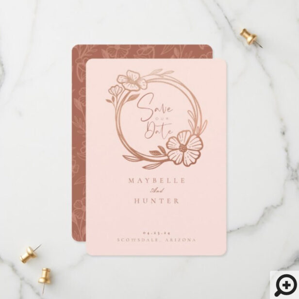 Modern Boho Floral Rose gold Wreath Brown & Pink Save The Date