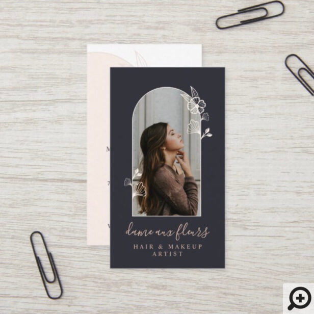 Modern Floral Rose Beauty Photo Arch Black Business Card