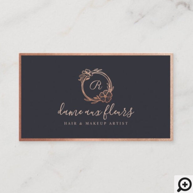 Modern Floral Rose Gold Monogram Wreath Black Business Card