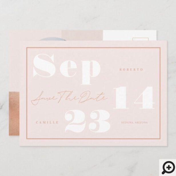 Modern Geometric Blush Bold Print Couple's Photo Save The Date Postcard