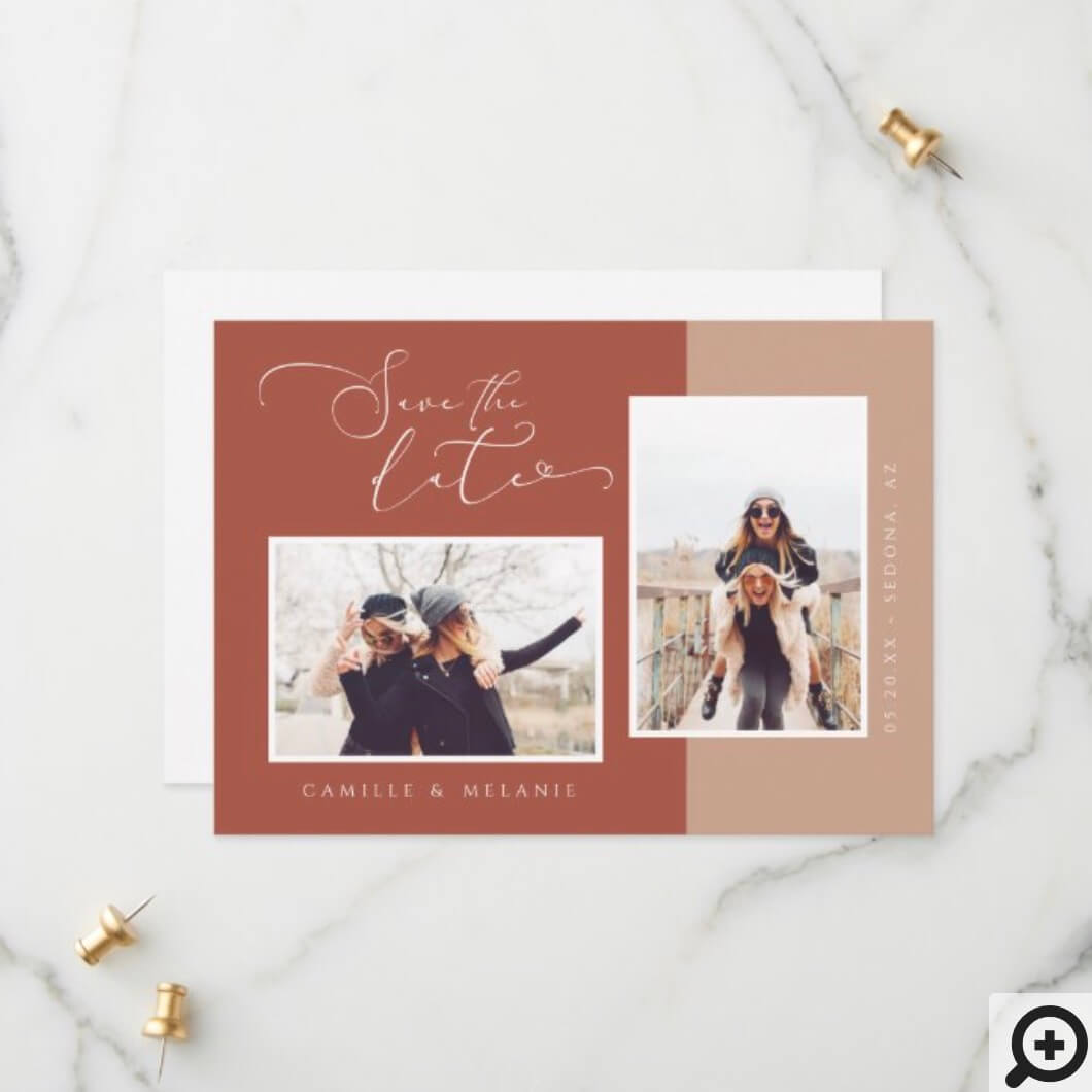 Modern, Minimal Elegant Terra Cotta 2 Tone 2 Photo Save The Date