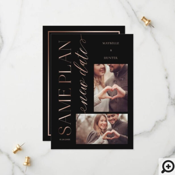Modern Same Plan New Date Rose Gold Couple Photo Save The Date