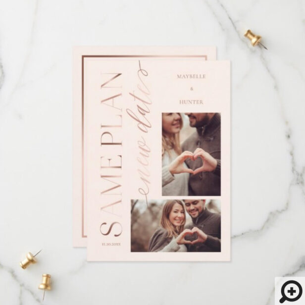 Modern Same Plan New Date Rose Gold Couple Photo Pink Save The Date
