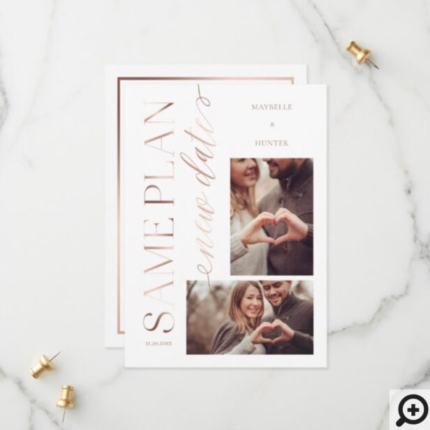 Modern Same Plan New Date Rose Gold Couple Photo White Save The Date