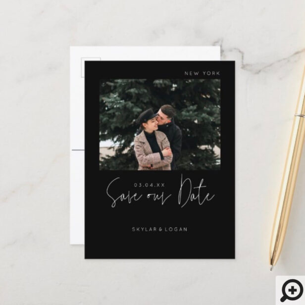 Modern Typographic Photo Black Save The Date Announcement Postcard