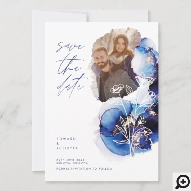 Modern Watercolor Agate Indigo Ink & Florals Photo Save The Date