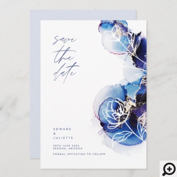 Modern Watercolor Agate Indigo Ink Metallic Floral Save The Date