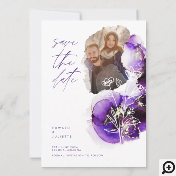 Modern Watercolor Agate Violet Ink & Florals Photo Save The Date