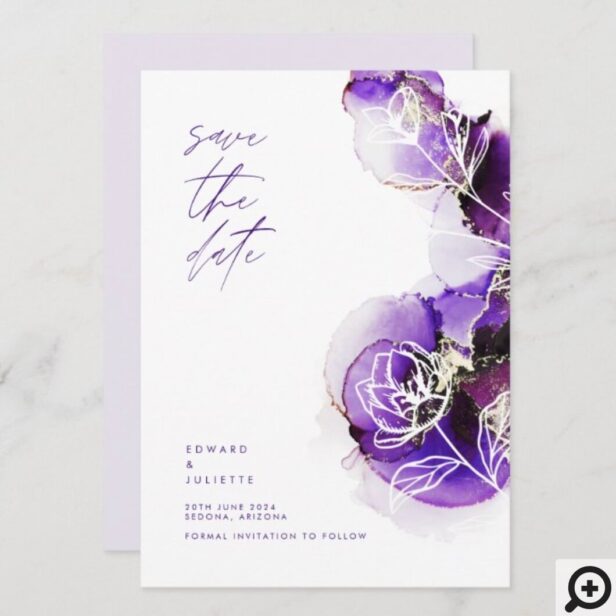 Modern Watercolor Ultra Violet Ink Metallic Floral Save The Date