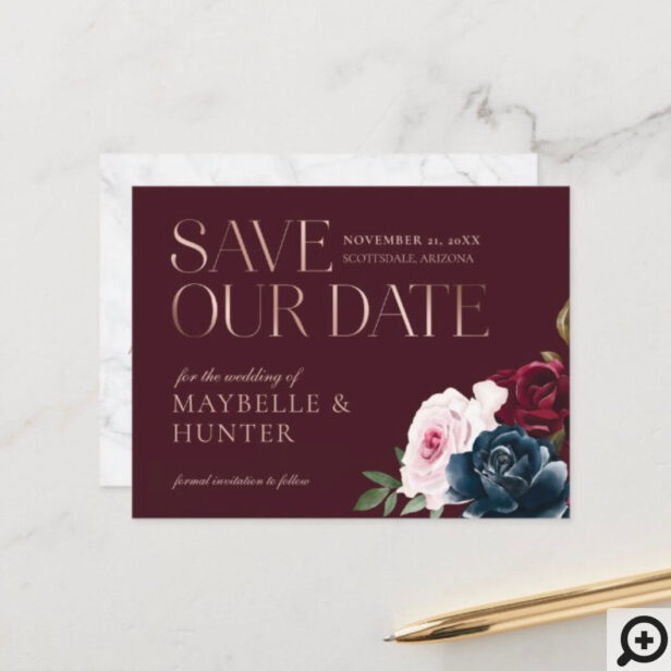 Navy Burgundy Watercolor Rose Gold Save Our Date Announcement Postcard Burgundy