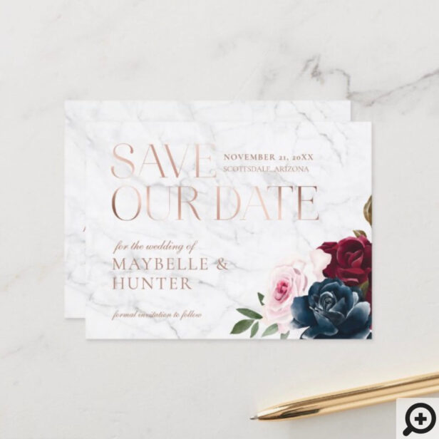 Navy Burgundy Watercolor Rose Gold Save Our Date Announcement Postcard Marbel