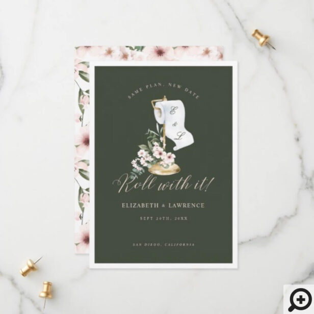 Roll With It Elegant Cherry Blossom & Toilet Paper Save The Date Green