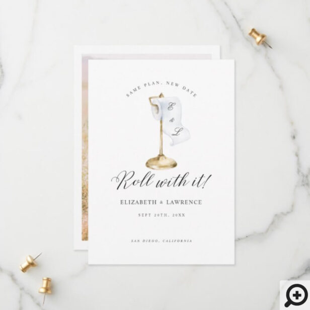 Roll With It Toilet Paper Roll & Stand Photo Save The Date