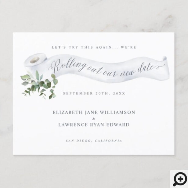 Rolling Out Our New Date | Toilet Paper Greenery Announcement Postcard